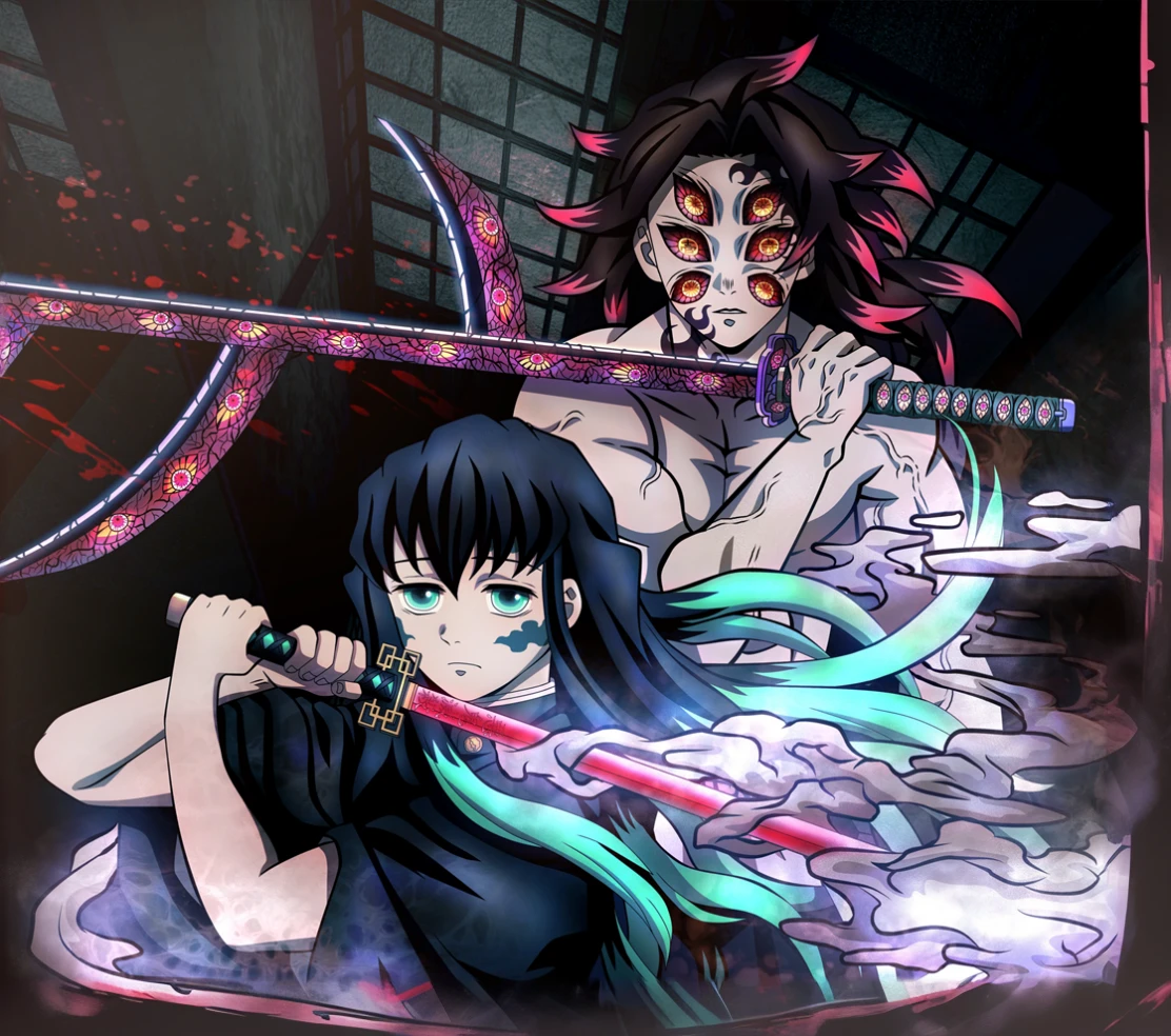 anime characters with swords in a dark room with smoke, demon slayer artstyle, badass anime 8 k, kimetsu no yaiba, demon slayer rui fanart, epic anime style, demon slayer, gapmoe yandere grimdark, dramatic anime, official art, anime key art, by Jin Homura, inspired by Uragami Gyokudō