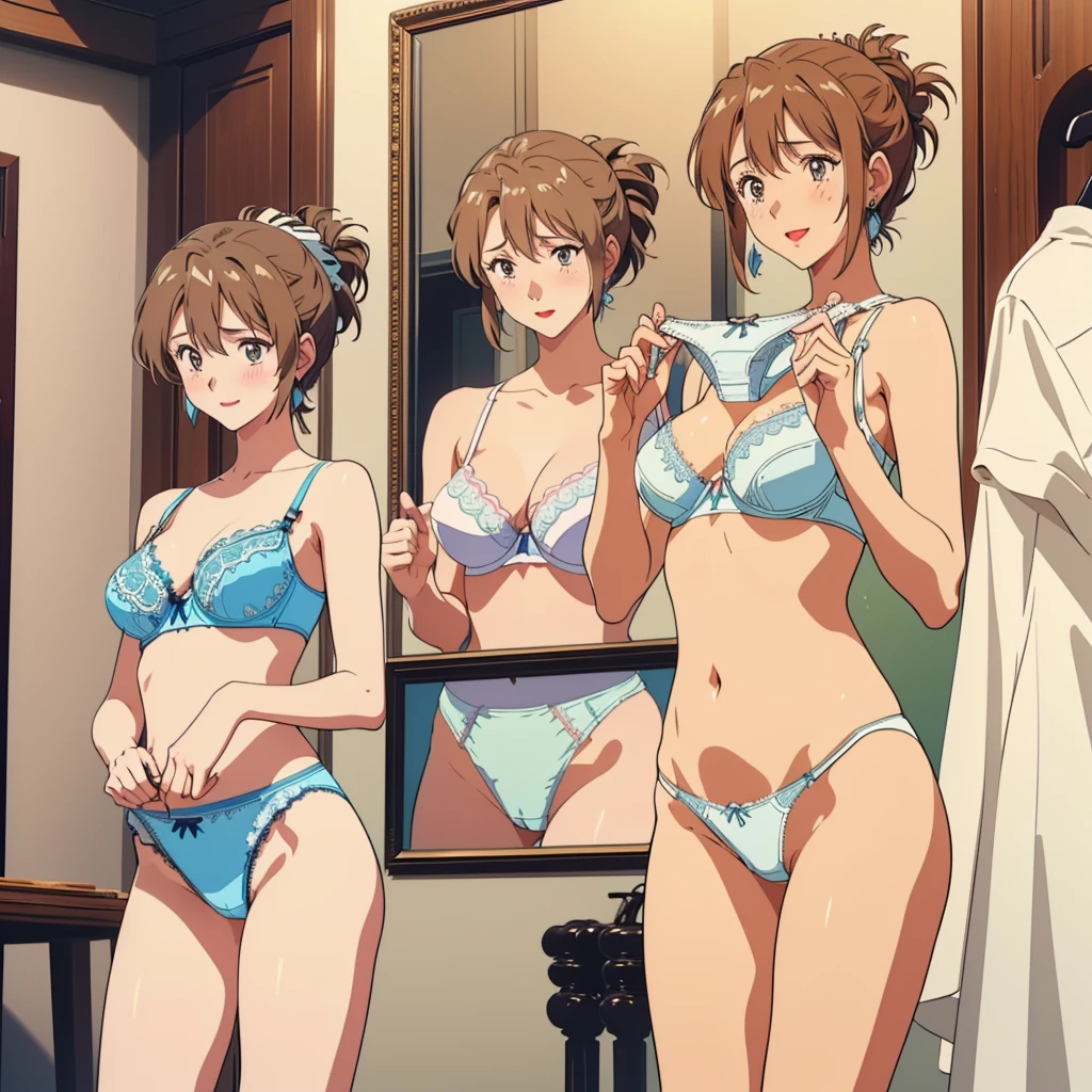 masterpiece, top quality, ultra detailed, ((((AIKA_SUMERAGI, folded ponytail, best anatomy, in underwear, (panties, elaborately designed luxury panties for adults, panties high definition images, draw panties with super precision), lace trimmed bra, extremely detailed texture, earrings, red lip, embarrassed, blush, smile)))), cowboy shot, (((underwear in dressing room))), white skin, (presenting panties), (display panties:1.5),holding panties with both hands