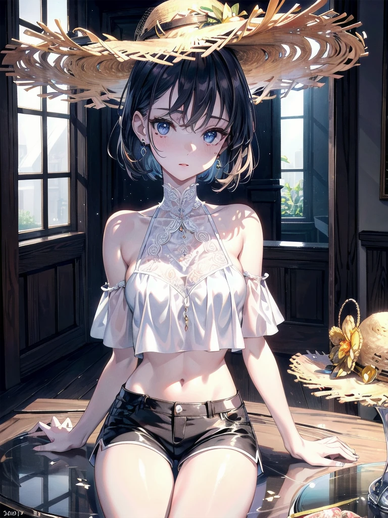 absurdres, RAW photo, extremely delicate and beautiful, masterpiece, Best Quality, ultra high resolution, 32k, hyperrealistic, ultra-detailed, perfect anatomy, super Detailed skin, perfect figure, Super Beauty, Perfect Style, Perfect balance, Beautiful Lighting, Perfect Lightning, Realistic Shadows, 20 years old, very Slim body, narrow waist, very small head, very small face, delicate facial features, handsome detailed woman, very detailed eyes and face, realistic face proportions, Realistic beautiful face, Realistic beautiful eyes, tearful mole, earring, very huge round breasts, legs, medium hair, whole body shot, indoor, blouse, bare collarbone, midriff, shorts, straw hat,