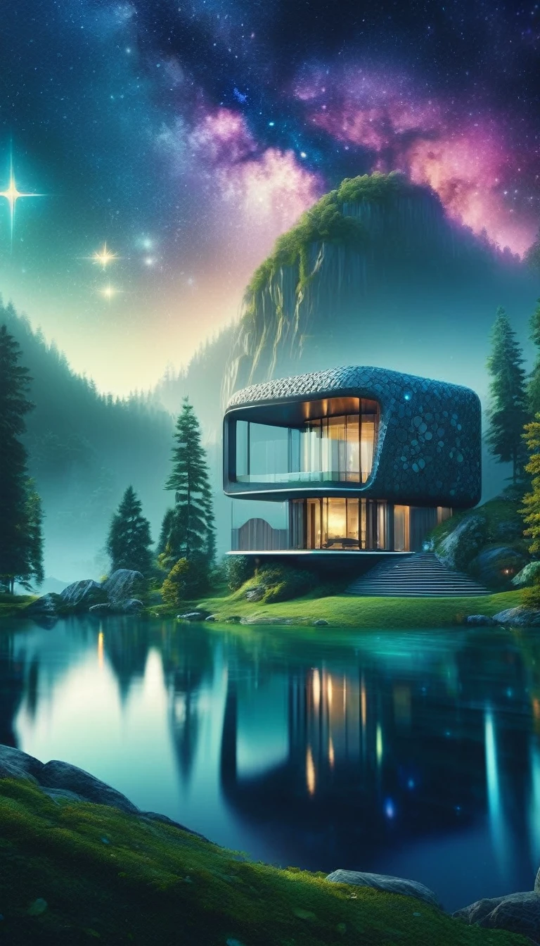 fantastic futuristic stone house, magical night sky, 1 house in a forest by a lake, moon and stars in the background, (best quality,4k,8k,highres,masterpiece:1.2),ultra-detailed,(realistic,photorealistic,photo-realistic:1.37),concept art,digital art,cinematic lighting,dramatic,moody,vibrant colors,mystical,ethereal,whimsical,surreal,fantasy,atmospheric