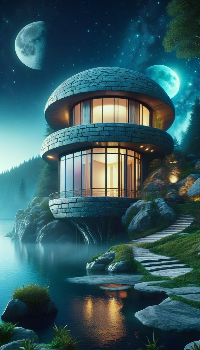fantastic futuristic stone house, magical night sky, 1 house in a forest by a lake, moon and stars in the background, (best quality,4k,8k,highres,masterpiece:1.2),ultra-detailed,(realistic,photorealistic,photo-realistic:1.37),concept art,digital art,cinematic lighting,dramatic,moody,vibrant colors,mystical,ethereal,whimsical,surreal,fantasy,atmospheric