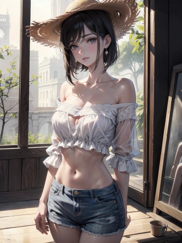 absurdres, RAW photo, extremely delicate and beautiful, masterpiece, Best Quality, ultra high resolution, 32k, hyperrealistic, ultra-detailed, perfect figure, tearful mole, earring, whole body shot, short medium hair, wavy hair, big breast, casual, blouse, white shirt, buttoned shirt, bare shoulders, collarbone, midriff, navel, shorts, straw hat, 