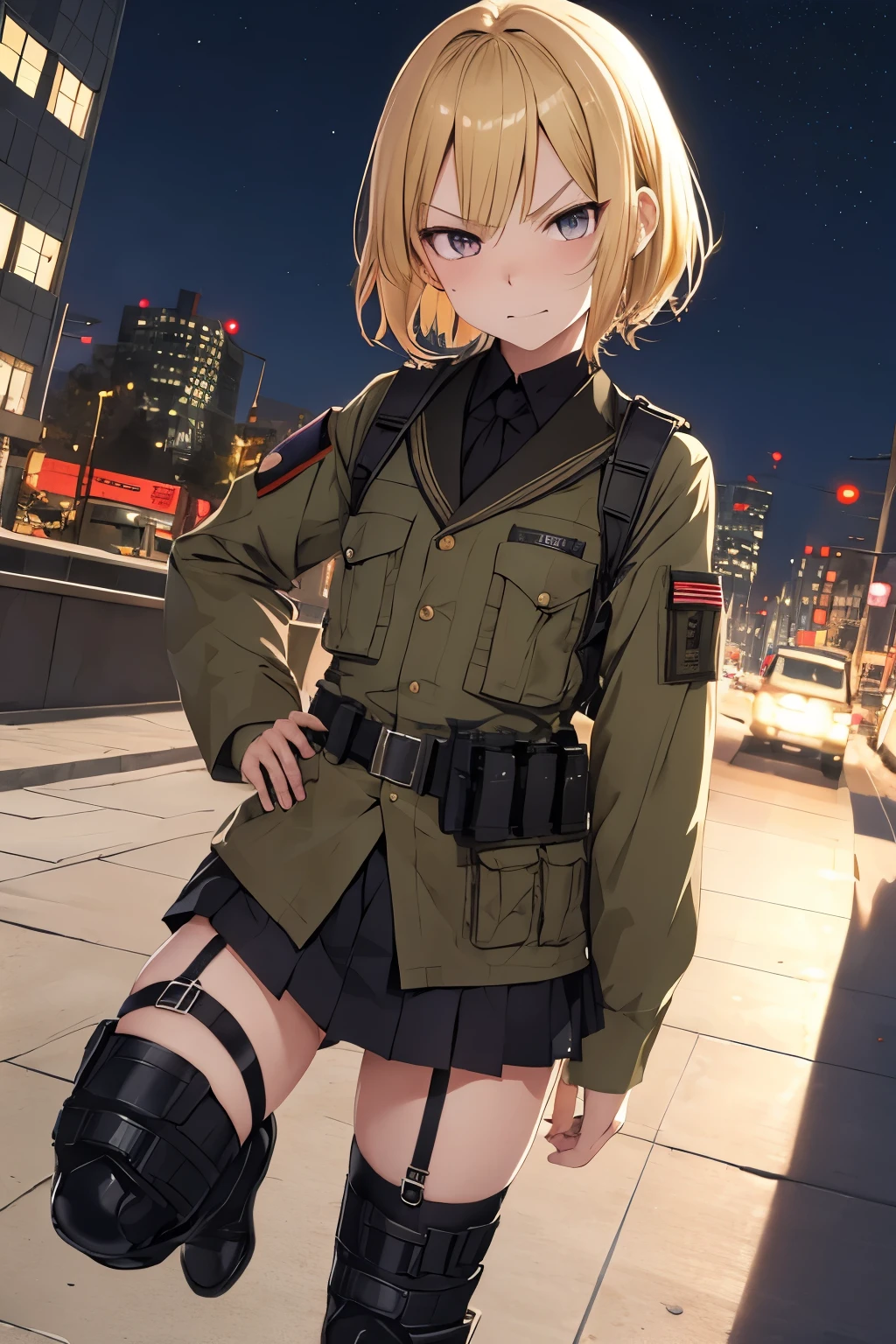 Anime girl 8 years old , childishi body , angry face  menacing  , short Blonde hair , scar  , keep militar,  ,very mini-skirt ,  uniform , tactical military , katana , military boots  . Utility Belt Holster  . Smug , city night 