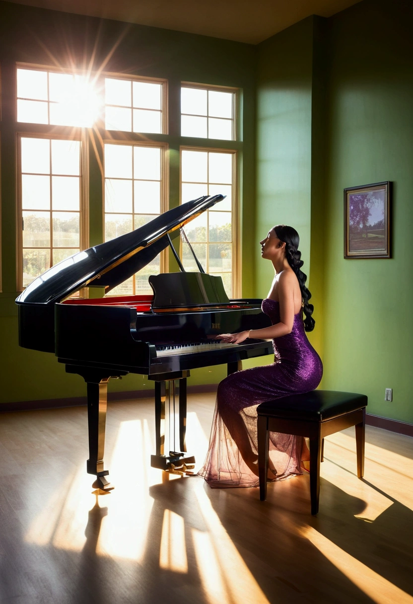 NSFW hardcore scene, a beautiful woman, straight hair, long hair, bright black hair, hair tied into a detailed braid, perfect body, round breasts, detailed eyes, brown eyes, big ass, wearing a (transparent dress: 1.2), strapless neckline, purple dress, black thong, sitting on a red stool, (playing a black glossy grand piano:1.3), side view, room with moss green walls and wooden floor, window, green field, (sun rays coming through the window: 1.3), sunrise, soft light