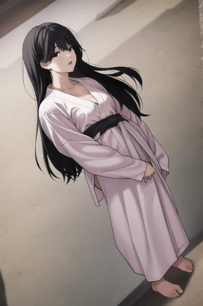 (masterpiece, best quality), kim sujin, black eyes, black hair, long hair, medium breasts, white judogi, long sleeves, barefoot, standing, 
