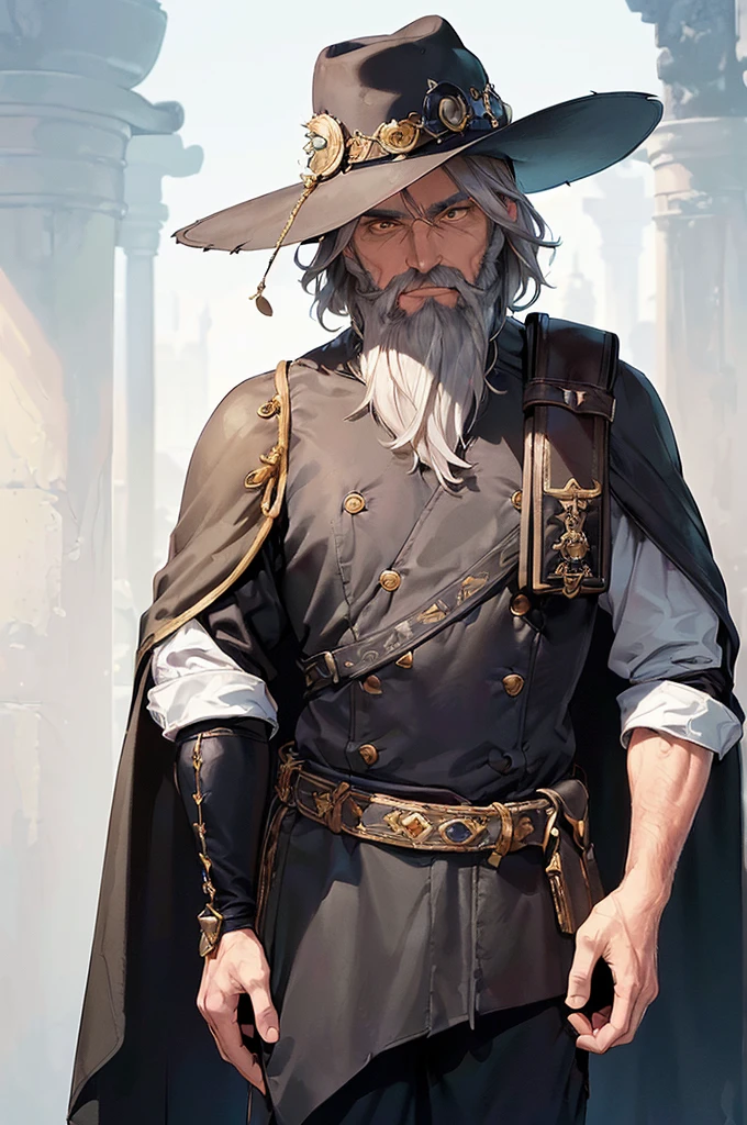 (((masterpiece; best quality: 1.2))), (finely detailed eyes: 1.3), (70 year old man), (solo), (yellow eyes: 1.4), (body; old, fit, masculine: 1.3), (grey hair and beard: 1.3), (beautiful and clear background: 1.2), ((depth of field)), (equipment: wanderer traveler dark clothing + long dark tunic + dark pants + wide-brimmed hat + gloves + cape + belt + pouches: 1.3), (anime illustration: 1.2), (background composition; royal garden: 1.1), (extremely fine and beautiful: 1.1), (shot composition; standing + centered on torso + close-up: 1.5), (expression; calm, smile: 1.2)