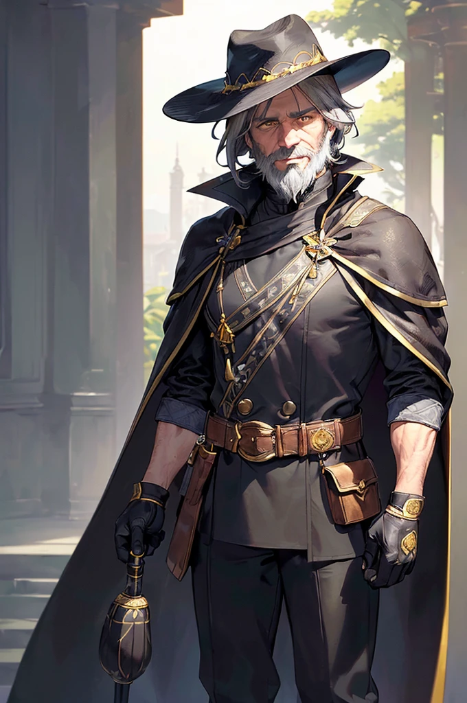 (((masterpiece; best quality: 1.2))), (finely detailed eyes: 1.3), (70 year old man), (solo), (yellow eyes: 1.4), (body; old, fit, masculine: 1.3), (grey hair and beard: 1.3), (beautiful and clear background: 1.2), ((depth of field)), (equipment: wanderer traveler dark clothing + long dark tunic + dark pants + wide-brimmed hat + gloves + cape + belt + pouches: 1.3), (anime illustration: 1.2), (background composition; royal garden: 1.1), (extremely fine and beautiful: 1.1), (shot composition; standing + centered on torso + close-up: 1.5), (expression; calm, smile: 1.2)