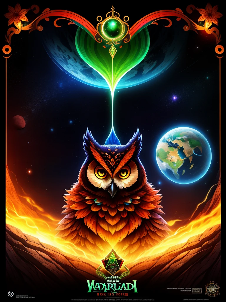 **Poster Description for "Waldkauz Spirits"**
---
**Top Part of the Poster:**
- **Background Color:** Black
- **Image:** Stylized Owl
- **Details:** Vaguely visible eyes, beak, and outline of the facial shape
- **Color Theme:** Warm red-orange
---
**Title:**
- **Text:** Waldkauz Spirits
- **Font:** Antiqua Bold
- **Color:** Warm red-orange (same color theme as the owl)
- **Position:** The title should be fully readable and clearly visible.
---
**Below the Title:**
- **Text:** Absinthe aus dem Tal
- **Font:** Antiqua Bold
- **Color:** Vibrant pine green
---
**Below the Text:**
- **Image:** Comic of a cat with a rainbow tail
- **Background:** Many stars
- **Edge:** Vaguely visible dark green gas planet (single planet, no artifacts at the edge)
- **Transition:** The area below the text "Absinthe aus dem Tal" should fade into the black background towards the edges, while the planet and the cat with the tail remain visible.
---
**Mood of the Poster:**
- **Majestic and powerful**
---
This poster represents an impressive composition that creates a majestic and powerful mood through the interplay of colors and motifs. The combination of the stylized owl, striking fonts, and the colorful comic element makes it unique and appealing. The title "Waldkauz Spirits" remains fully readable, and there are no distracting artifacts at the bottom edge of the poster.