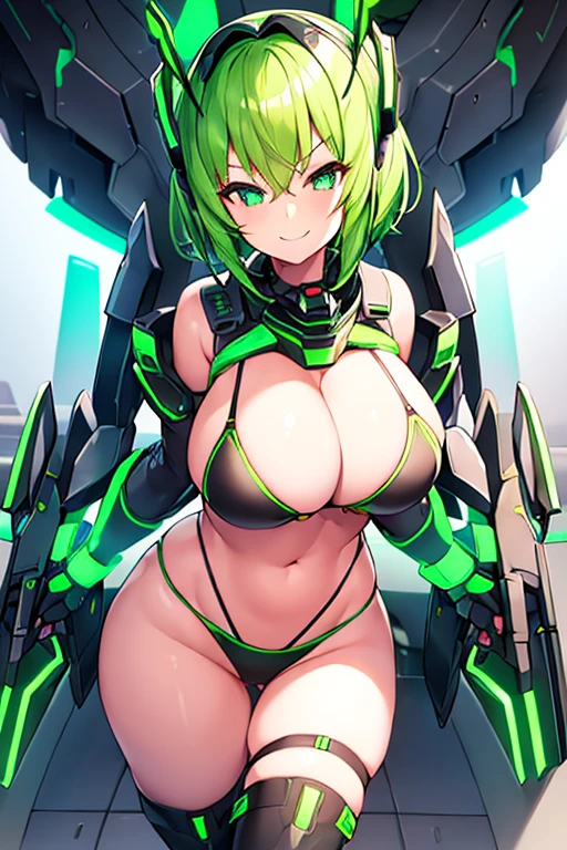 1girl, large breasts, breasts, wide hips, green hair, highleg bikini, bikini, black bikini, smirk, smile, futuristic, science-fiction, tech, neon trim, machinery, short hair, headset, helmet, head-mounted device, mind control, hypnosis, covered eyes, from above, cleavage