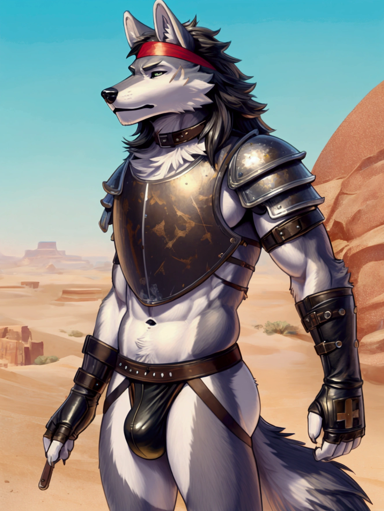 Solo Sexy young anthro furry wolf ancient desert solider, slim slim muscular, anthro handsome gay muzzle, shagy shag shag headband, handsome gay model male apperance, sword scars, worn out skimpy armament, low on hips heavy leather belt, old very worn out skimpy leather jockstrap, old yellow dirty worn out stains on white sawn jockstrap, very visible "x" brown seam studded pattern on the jockstrap, skimpy btonze age armlets brozne breastplate armor, skimpy bronze breastplate, leather bondages, fingerless leather gloves, ancient desert battlefield, standing in sexy fighting position, close view of full character

