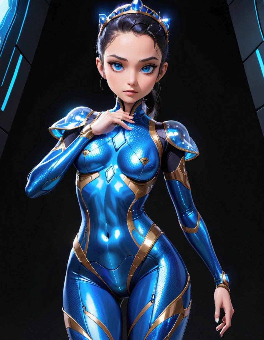 Xyliana has an otherworldly, alluring appearance. Her skin is a deep shade of azure, smooth and bioluminescent. Her eyes are large and expressive, glowing with an ethereal light. She stands tall and slender, with delicate features and an hourglass figure accentuated by her sleek, form-fitting suit. Adorning her head is a crown-like structure, intricate and alien in design.Clothing: Xyliana wears a skin-tight, futuristic suit that clings to her curvaceous form. The suit is a deep, iridescent blue, with intricate patterns and circuitry running across its surface. It accentuates her feminine physiology while also serving as advanced alien technology