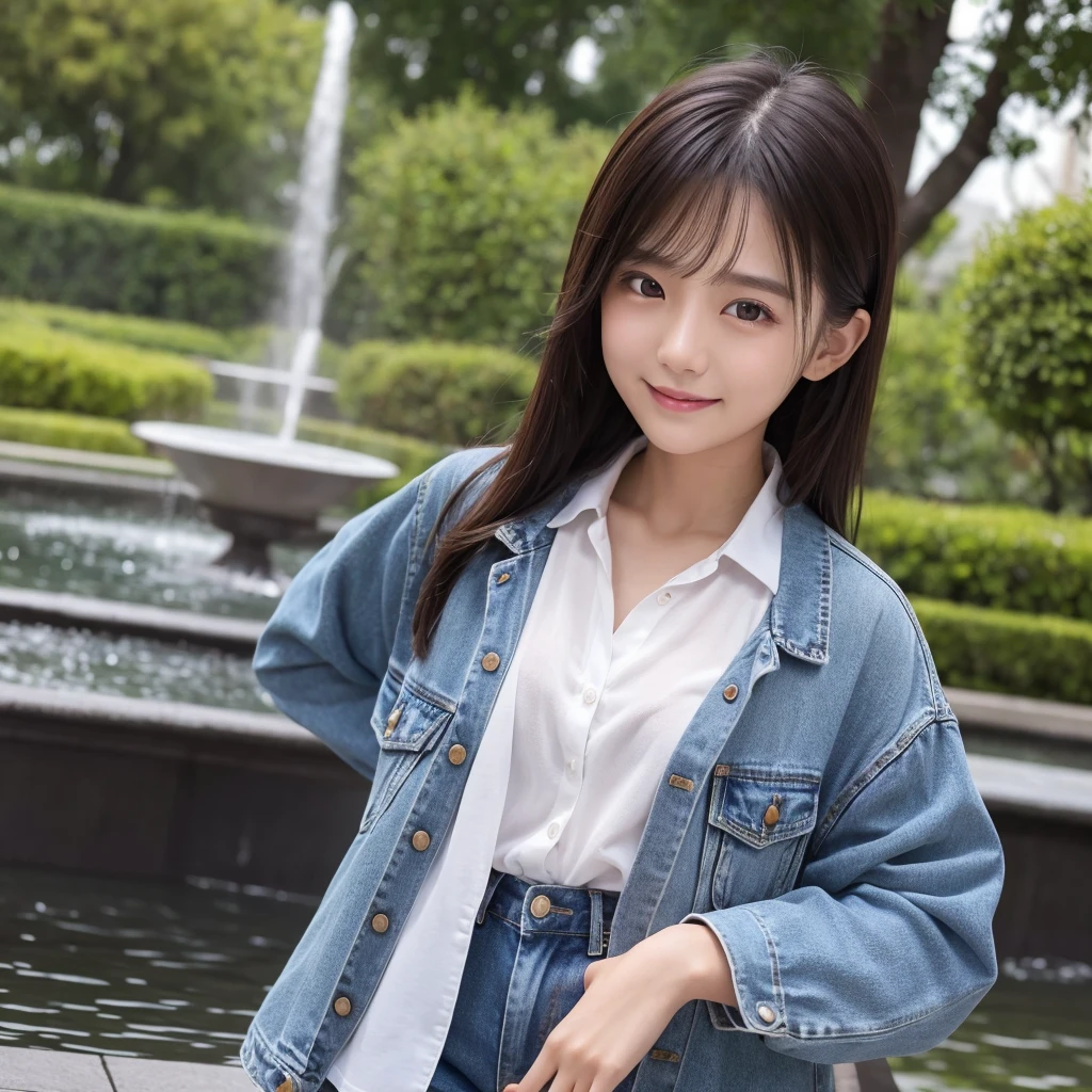 HD detailed, Super detailed, Realistic,Hyperrealism,Best image quality、Highest quality、masterpiece、Ultra-high resolution、8K、immature、Like the picture:1.5、Professional Lighting、Park fountain、Young Japanese Woman,Small face、Stylish、、Slender、、A kind smile、Wear a button-up long-sleeve denim shirt and jeans、Soaked clothes、Damp clothes、View from the side