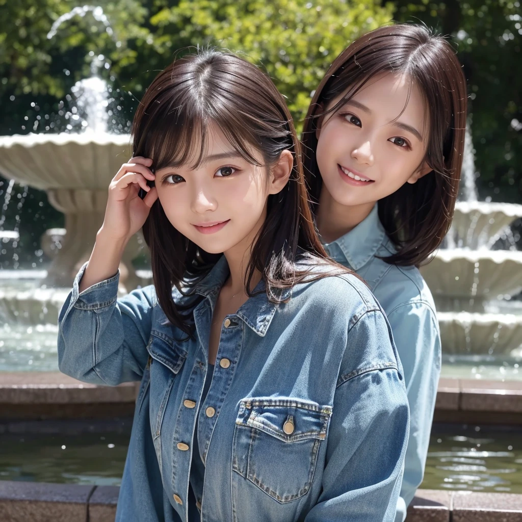 HD detailed, Super detailed, Realistic,Hyperrealism,Best image quality、Highest quality、masterpiece、Ultra-high resolution、8K、immature、Like the picture:1.5、Professional Lighting、Park fountain、Young Japanese Woman,Small face、Stylish、、Slender、、A kind smile、Wear a button-up long-sleeve denim shirt and jeans、Soaked clothes、Damp clothes、View from the side