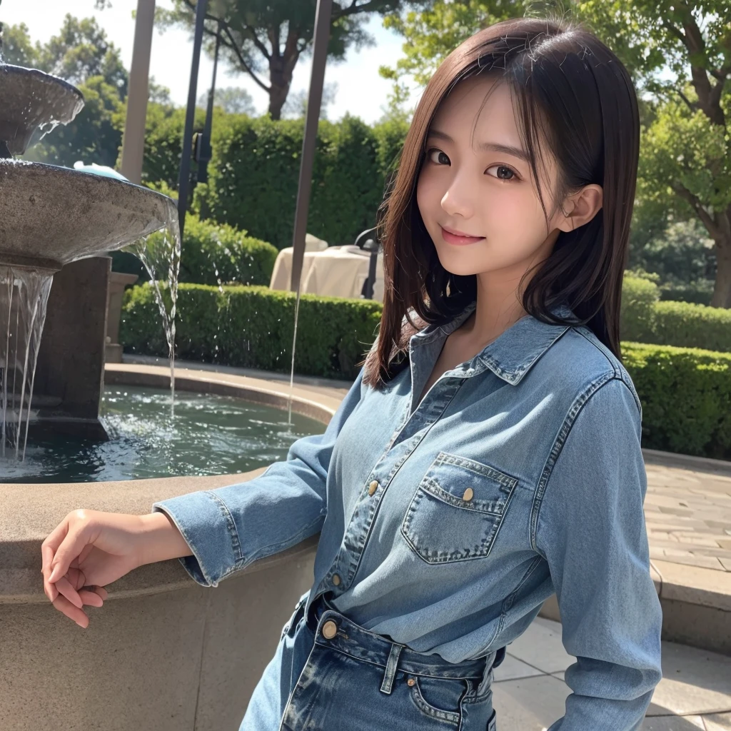 HD detailed, Super detailed, Realistic,Hyperrealism,Best image quality、Highest quality、masterpiece、Ultra-high resolution、8K、immature、Like the picture:1.5、Professional Lighting、Park fountain、Young Japanese Woman,Small face、Stylish、、Slender、、A kind smile、Wear a button-up long-sleeve denim shirt and jeans、Soaked clothes、Damp clothes、View from the side