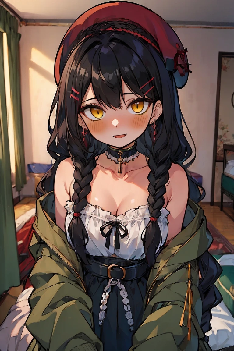 (masterpiece:1.2), (high quality:1.2), (hui xiyi:0.7), rekkyo sensen, rekkyou sensen, girls with((1girl, solo, black hair, yellow eyes, (wavy long hair, wearing a red millitary beret, braids, hairclips:1.55), blush, breasts, choker, cleavage, coat, cowboy shot, dress, blue clothes, ribbon waist belt, collar, collarbone, rosary, rosary choker, cross, fur, fur trim, parka, khaki hoodie, green hoodie, hood down, hooded coat, hooded jacket, hoodie, jacket, large breasts, long sleeves, medium breasts, open clothes, open coat,open hoodie, sleeveless, winter clothes, zipper, cleavage, upper body, hand up, waving, palm)), background with((bedroom, room:2.0))