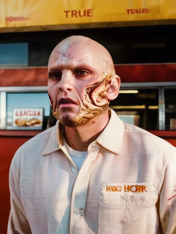 fleshmutant bodyhorror working at a fast food restaurant,close up,, true to life, HDR image,High detail resolution,soft eyes,natural skin,high detailed face,high detailed cloth,film photography,vintage,cinematic lighting,realistic,sharp focus,(very detailed),((4K HQ)),depth of field,f/1.2,Leica,8K HDR,High contrast,shadows, bokeh,(detailed and realistic skin texture),(detailed clothing),(detailed background),detailed skin,(highly detailed skin),(8K HDR photo),realistic texture,realistic shadows,accurate to life,living image,lifelike