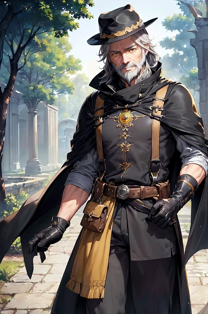 (((masterpiece; best quality: 1.2))), (finely detailed eyes: 1.3), (70 year old man), (solo), (yellow eyes: 1.4), (body; old, fit, masculine: 1.3), (grey hair and beard: 1.3), (beautiful and clear background: 1.2), ((depth of field)), (equipment: wanderer traveler dark clothing + long dark tunic + dark pants + wide-brimmed hat + gloves + cape + belt + pouches: 1.3), (anime illustration: 1.2), (background composition; royal garden: 1.1), (extremely fine and beautiful: 1.1), (shot composition; standing + centered on torso + close-up: 1.5), (expression; calm, smile: 1.2)