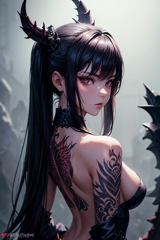 ((Masterpiece, Wlope style, Artwork, Portrait, Half body)) Beautiful and elegant yakuza girl DRAMATICALLY looking at her right side, no top dress, Big Dragon Tattoo at back, Detailed mask Background, Dark Ambient Lighting, Shot taken from back, Fantasy, Detailed tattoo, NSFW