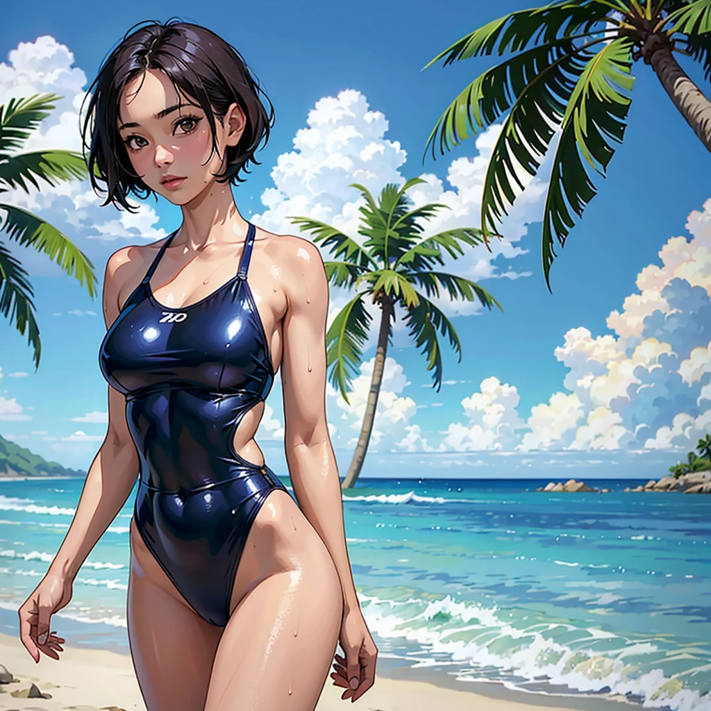 ((highest quality, masterpiece, High resolution)), ((reality)),Photos of beautiful Japanese women,((anime art))、 (((1 girl))), normal size breasts, slim body shape,  medium short hair, double eyelid, Wet see-through one-piece swimsuit,,  A pareo with bold ethnic patterns and plenty of primary colors、realistic skin、Wet,whole body,cinematic light、tropical、Against the background of palm trees on both sides、on a sunny beach、With the sea in the background、blur background、Clean abs,