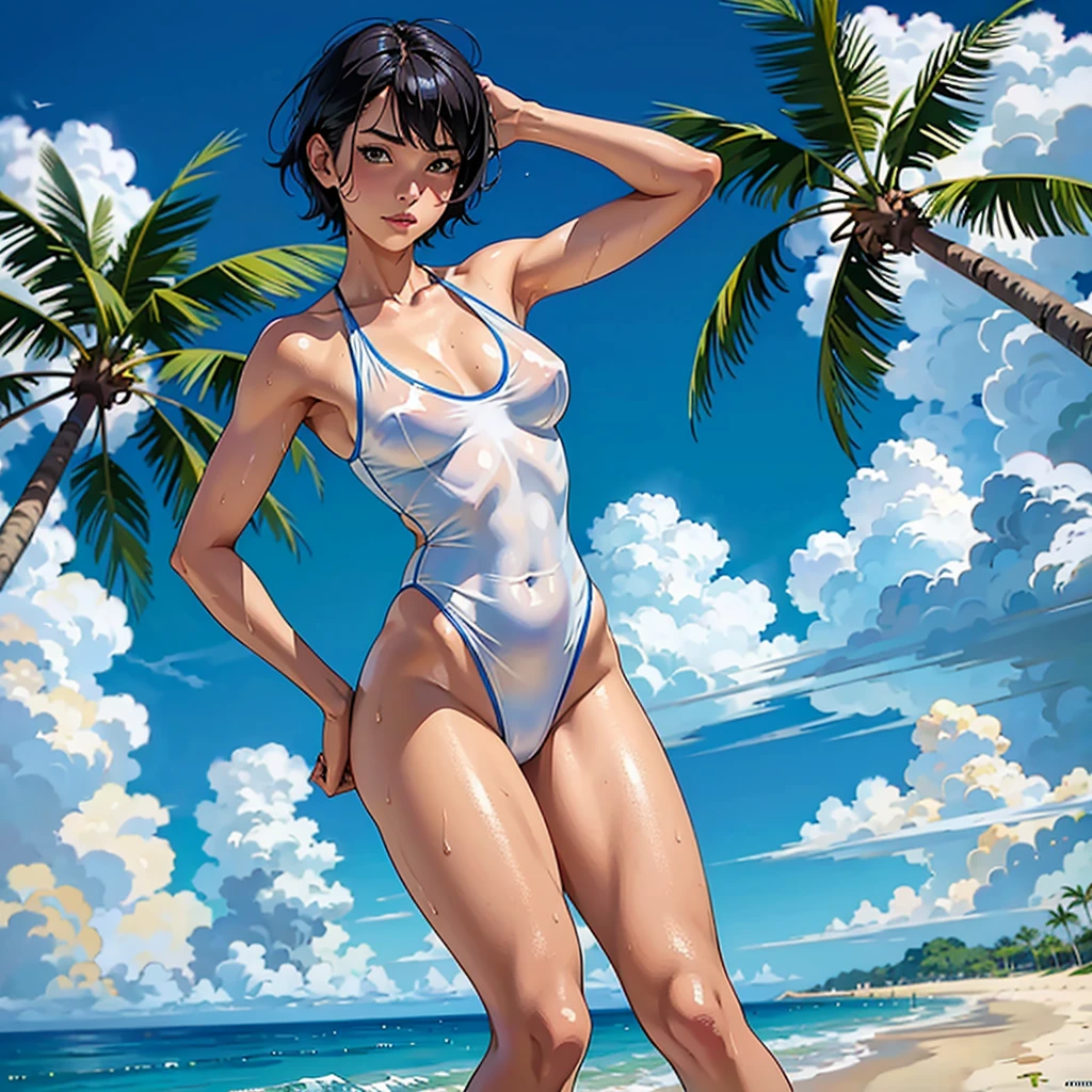 ((highest quality, masterpiece, High resolution)), ((reality)),Photos of beautiful Japanese women,((anime art))、 (((1 girl))), normal size breasts, slim body shape, medium short hair, double eyelid, Wet see-through one-piece swimsuit,, A pareo with bold ethnic patterns and plenty of primary colors、realistic skin、Wet,whole body,cinematic light、tropical、Against the background of palm trees on both sides、on a sunny beach、With the sea in the background、blur background、Clean abs,