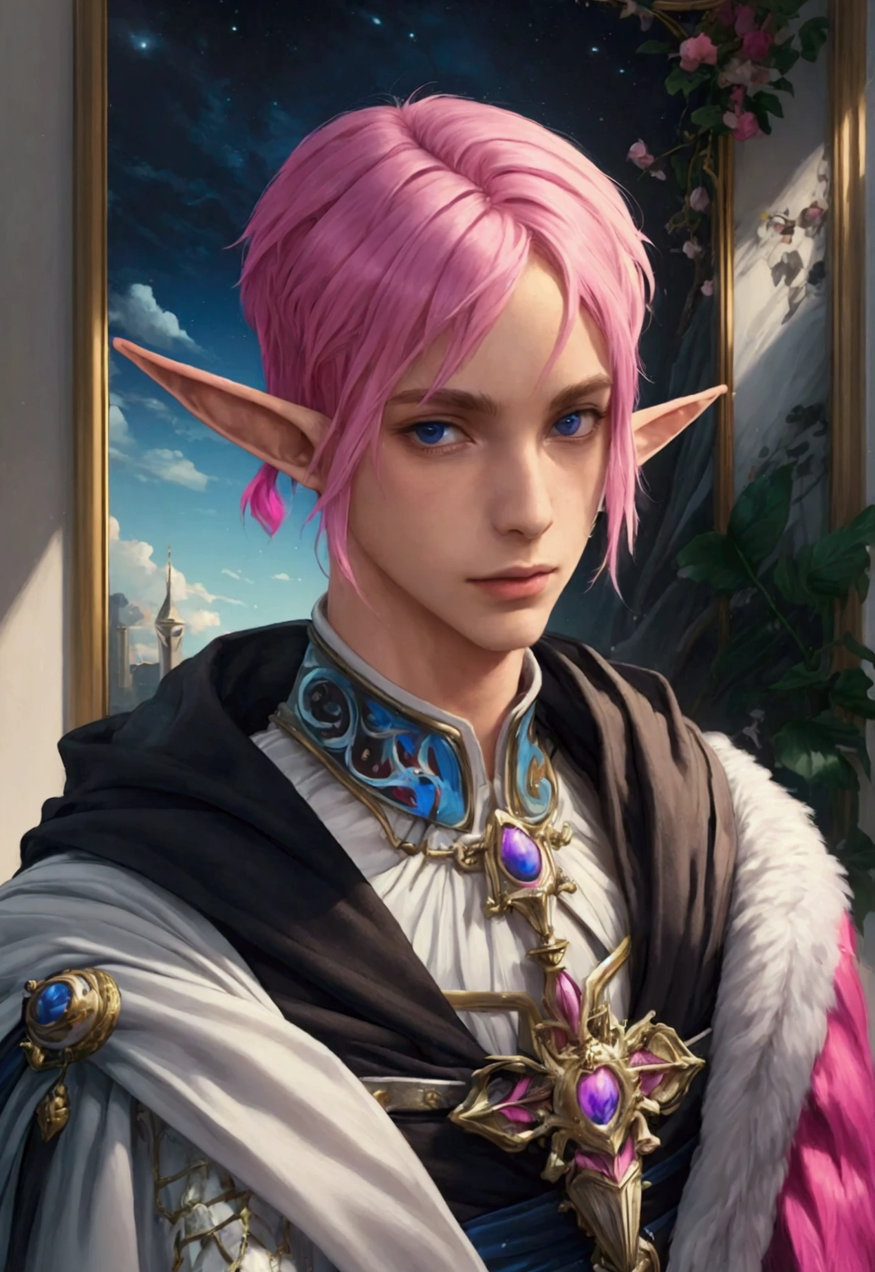 ((best qualityer)), ((work of art)), (detailded), 1 men, Youngh, skin fair, elfo, pointy ears, pink hair, shorth hair