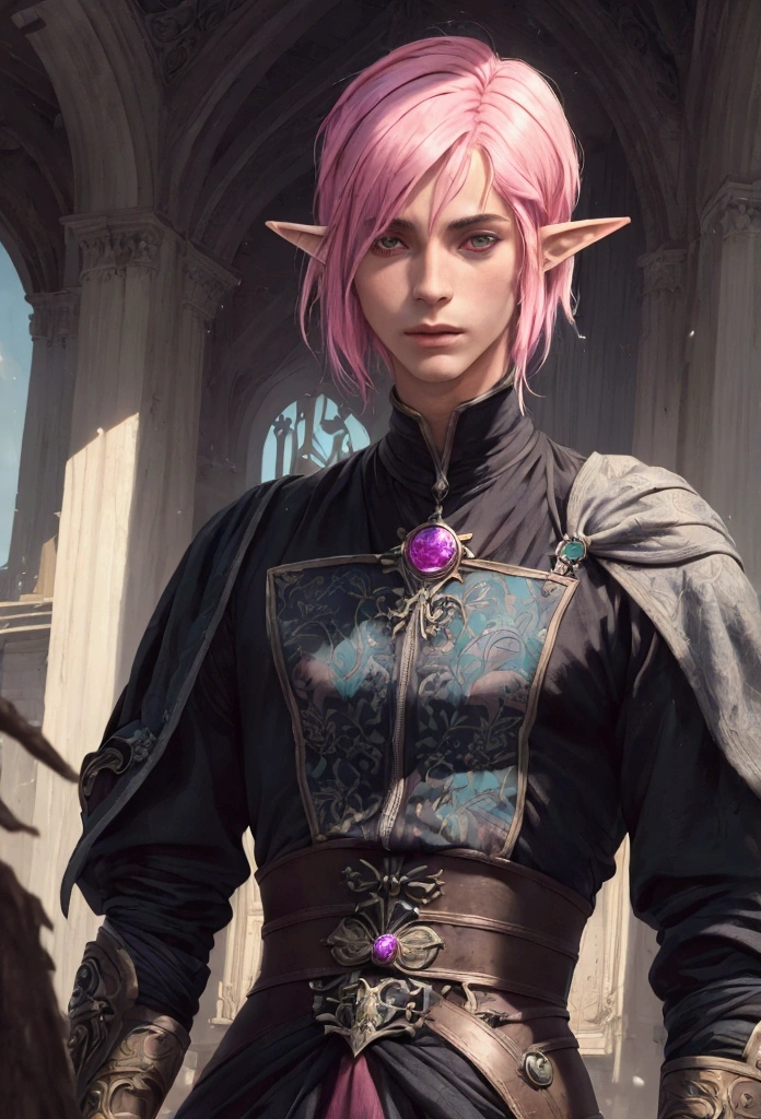 ((best qualityer)), ((work of art)), (detailded), 1 men, Youngh, skin fair, elfo, pointy ears, pink hair, shorth hair