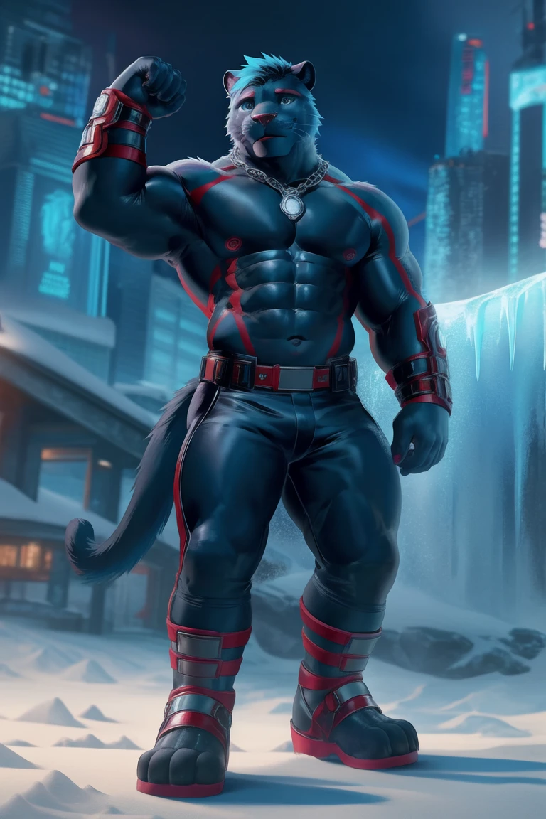 (Avengers style Black Panther), (pose:1.3), (posing:1.3), (soft shading), 4k, hi res, five fingers, detailed hands, ((detailed face, (detailed eyes:1.3), detailed)), ((focus on full body)),show legs,show feet,(by takahirosi:1.5), solo, looking at viewer, 1boy, snow background with ice, navel, standing, full body, male focus, abs, biceps, flexing, smile,furry