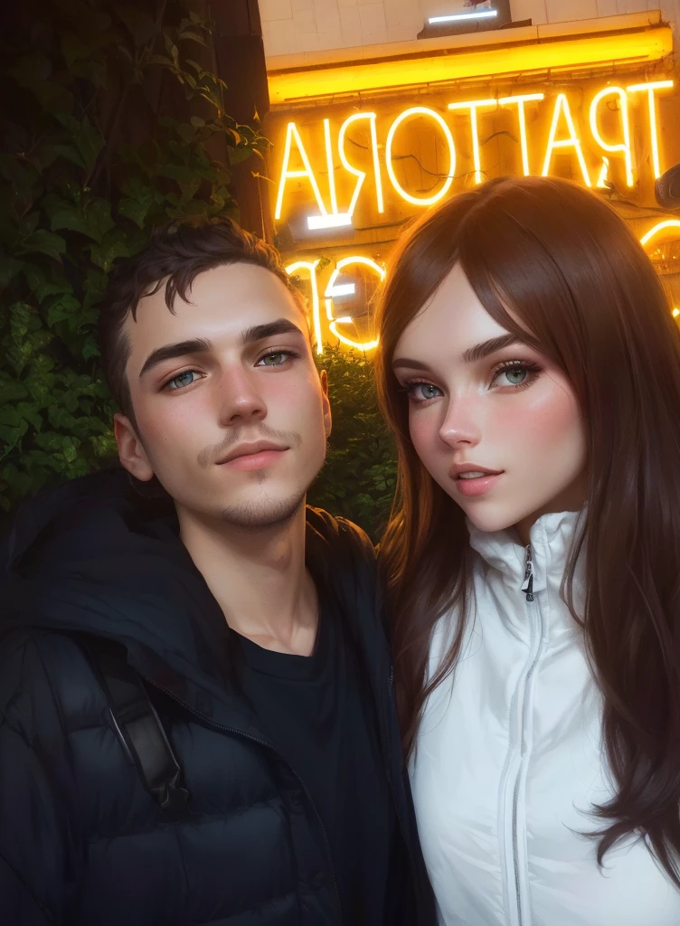 they are posing for a picture in front of a neon sign, anton fadeev 8k, Dasha Taran, very low quality image, 1614572159, very tasty, russian girlfriend, Catarina, ayanamikodon e irakli nadar, anastasia ovchinnikova, Alexandre Rostov