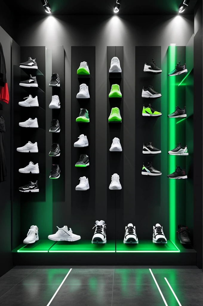 Help me create a sneaker store with black wall displays and green lights where many sneaker models can be seen and the store is very large by taking a shot of the height with a mat of some basketball design named barusch 