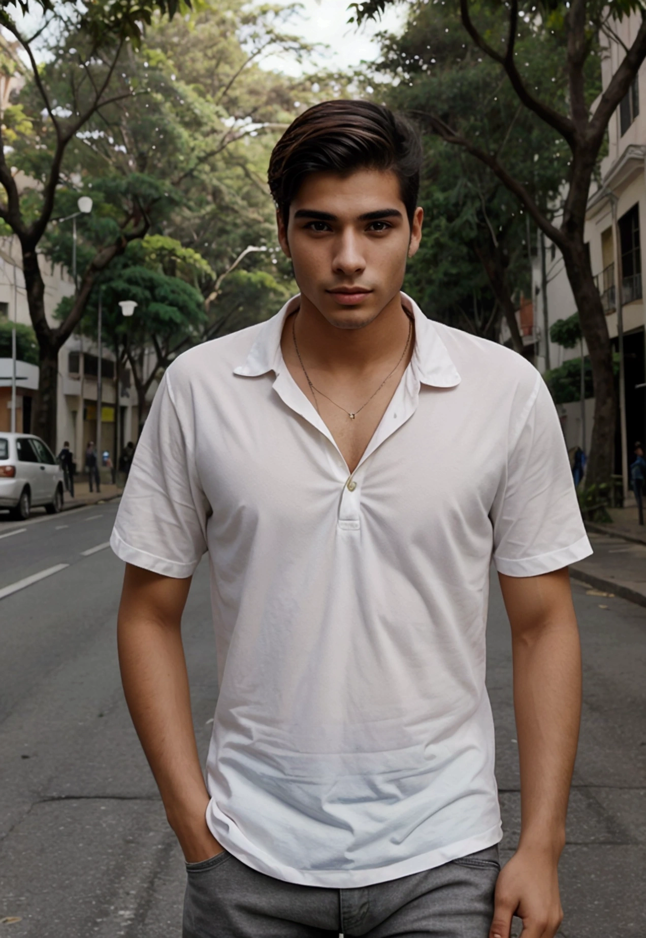create for me a handsome and charming 22 year old Brazilian man on an avenue