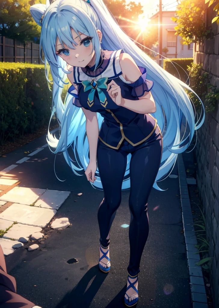 konosubaAqua, Aqua, Long Hair, blue eyes, hair ornaments, very Long Hair, Blue Hair, Hair Ring, シングルHair Ring, Hair ties,smile,blush,Cold Shoulder Shirt,Short sleeve,skinny pants,Stiletto heels,Walking,morning,morning陽,The sun is rising,whole bodyがイラストに入るように,
break outdoor, Residential Street,
break looking at viewer, whole body,
break (masterpiece:1.2), Highest quality, High resolution, unity 8k wallpaper, (figure:0.8), (Beautiful attention to detail:1.6), Highly detailed face, Perfect lighting, Highly detailed CG, (Perfect hands, Perfect Anatomy),