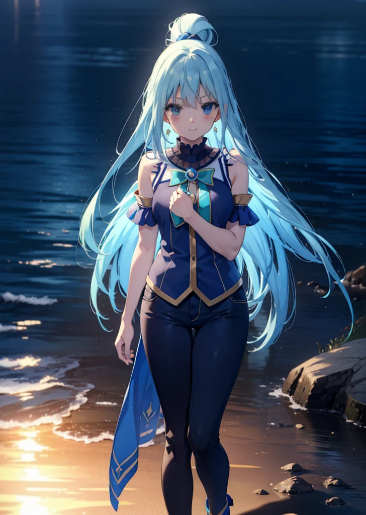 konosubaAqua, Aqua, Long Hair, blue eyes, hair ornaments, very Long Hair, Blue Hair, Hair Ring, シングルHair Ring, Hair ties,smile,blush,Cold Shoulder Shirt,Short sleeve,skinny pants,Stiletto heels,Walking,morning,morning陽,The sun is rising,whole bodyがイラストに入るように,
break outdoor, Residential Street,
break looking at viewer, whole body,
break (masterpiece:1.2), Highest quality, High resolution, unity 8k wallpaper, (figure:0.8), (Beautiful attention to detail:1.6), Highly detailed face, Perfect lighting, Highly detailed CG, (Perfect hands, Perfect Anatomy),