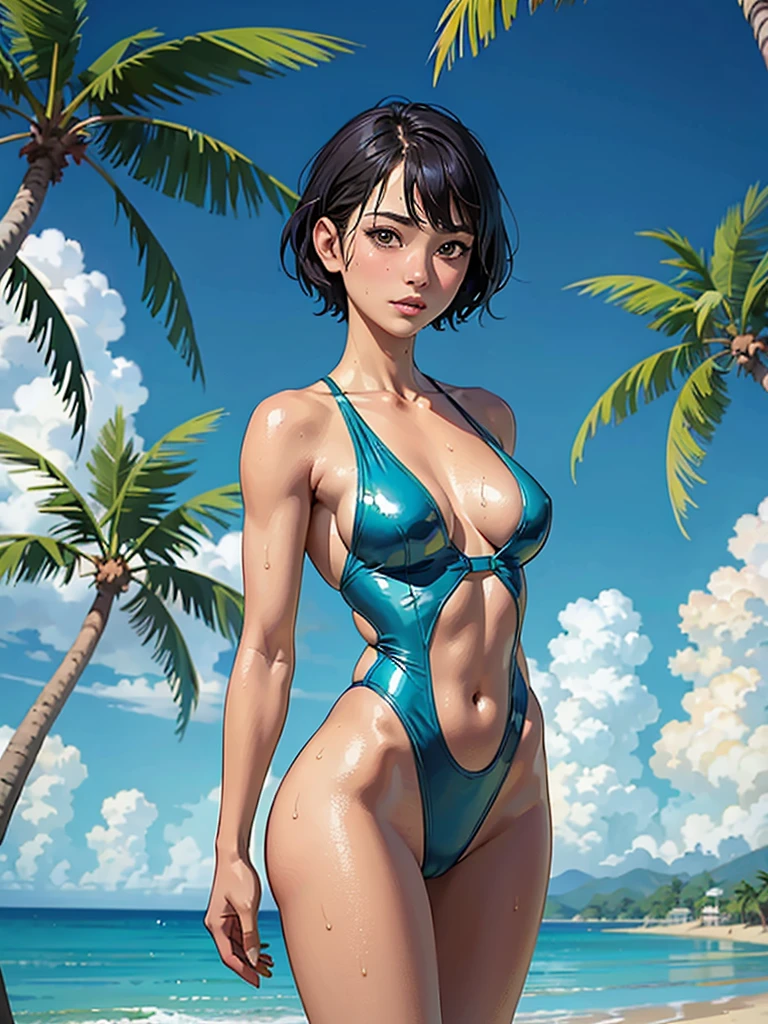 ((highest quality, masterpiece, High resolution)), ((reality)),Photos of beautiful Japanese women,((anime art))、 (((1 girl))), normal size breasts, slim body shape, medium short hair, double eyelid, Wet see-through gold micro one-piece swimsuit,, A pareo with bold ethnic patterns and plenty of primary colors、realistic skin、Wet,whole body,cinematic light、tropical、Against the background of palm trees on both sides、on a sunny beach、With the sea in the background、blur background、Clean abs,