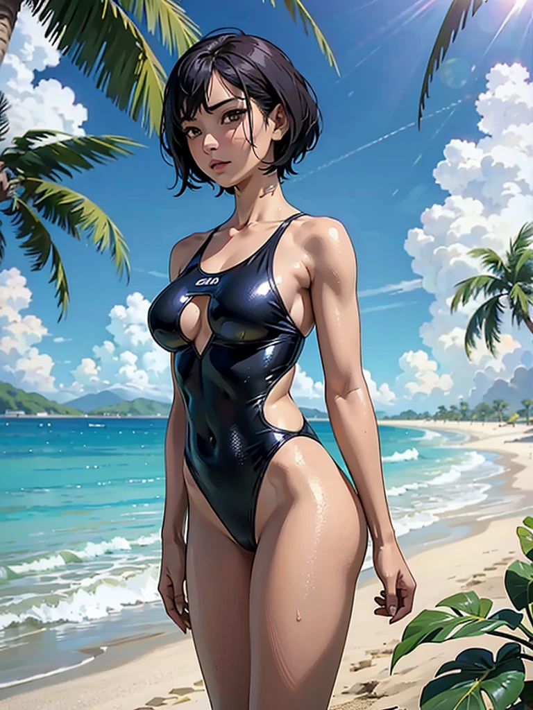 ((highest quality, masterpiece, High resolution)), ((reality)),Photos of beautiful Japanese women,((anime art))、 (((1 girl))), normal size breasts, slim body shape, medium short hair, double eyelid, Wet see-through gold micro one-piece swimsuit,, A pareo with bold ethnic patterns and plenty of primary colors、realistic skin、Wet,whole body,cinematic light、tropical、Against the background of palm trees on both sides、on a sunny beach、With the sea in the background、blur background、Clean abs,