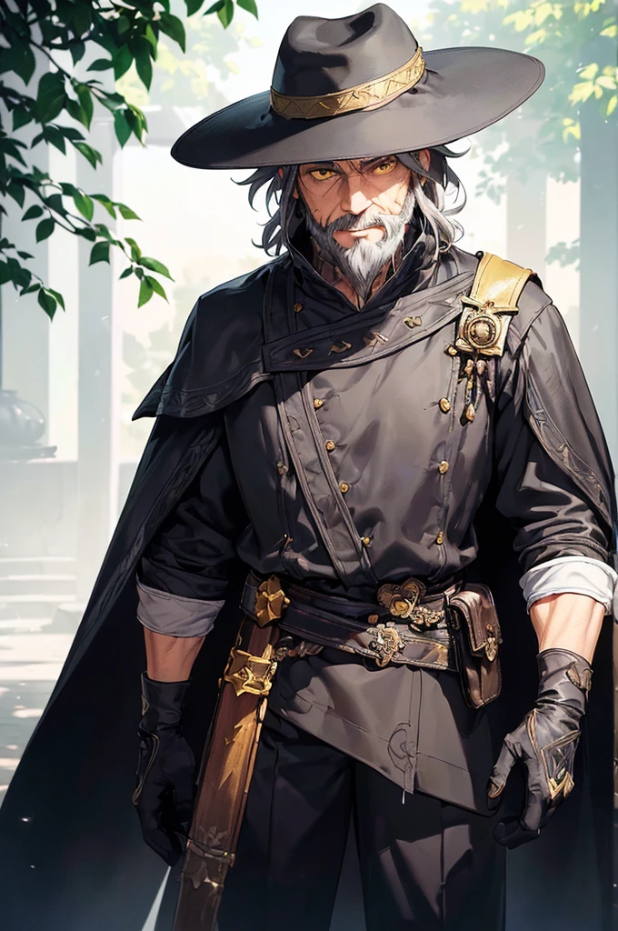 (((masterpiece; best quality: 1.2))), (finely detailed eyes: 1.3), (70 year old man), (solo), (yellow eyes: 1.4), (body; old, fit, masculine: 1.3), (grey hair and beard: 1.3), (beautiful and clear background: 1.2), ((depth of field)), (equipment: wanderer traveler dark clothing + long dark tunic + dark pants + dark wide-brimmed hat + dark gloves + dark cape + belt + pouches: 1.3), (anime illustration: 1.2), (background composition; royal garden: 1.1), (extremely fine and beautiful: 1.1), (shot composition; standing + centered on torso + close-up: 1.5), (expression; calm, smile: 1.2)