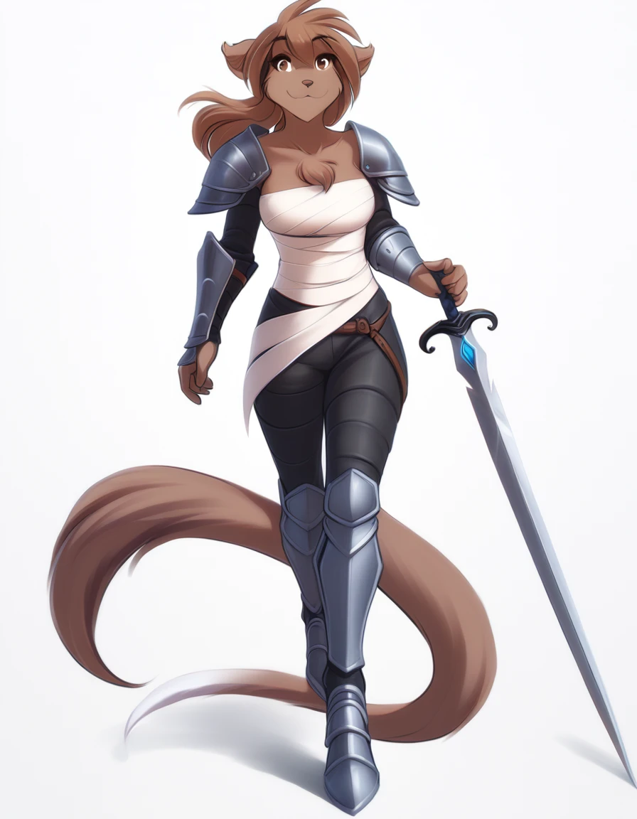 solo, tknanie, keidran, mammal, pantherine, natani_(twokinds), natani twokinds, twokinds, personalami, rating:safe, white background, white_background, brown fur, brown hair, brown eyes, female, big breasts, chest_wraps, wraps armor knight suit hands on swords long walk