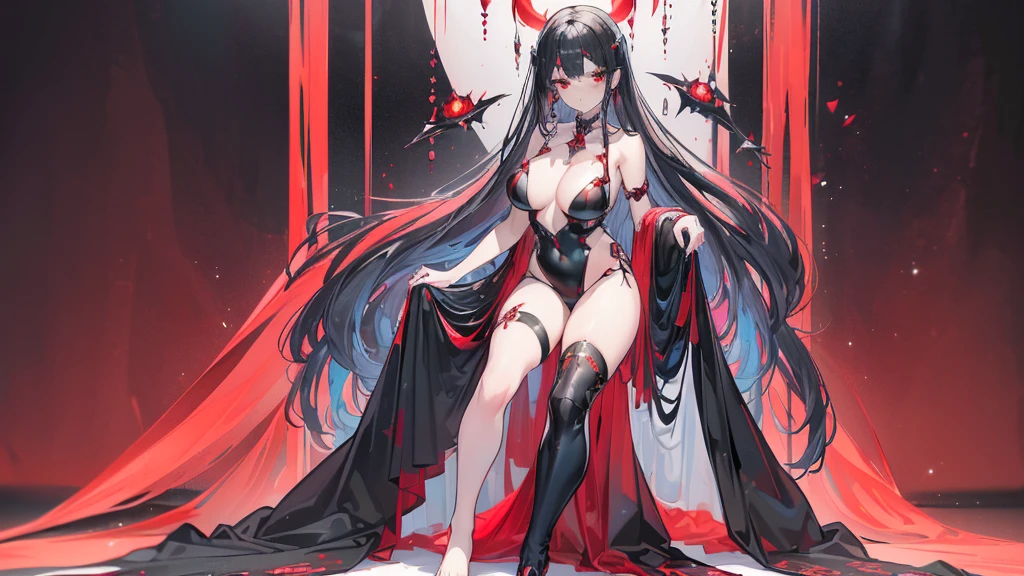 (Exquisite eyes),(Clear and beautiful eyes:1.61),masterpiece, ung girl,(Black clothes and some red gems), Black long hair, (She has a huge red gem on her chest), Good Hand,((The Havoc of StarCraft)),full-body shot,Fighting Stance,(Red Eyes:1.466)，short and small,(Very big breasts:1.35),(Pretty Face),(full-body shot:1.33),Beautiful hands
