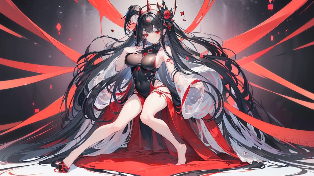 (Exquisite eyes),(Clear and beautiful eyes:1.61),masterpiece, 1 young girl,(Black clothes and some red gems), Black long hair, (She has a huge red gem on her chest), Good Hand,((The Havoc of StarCraft)),full-body shot,Fighting Stance,(Red Eyes:1.466),short and small,(Very big breasts:1.35),(Pretty Face),(full-body shot:1.33),Beautiful hands