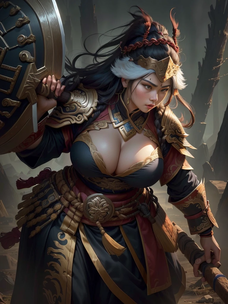 a woman with a large axe and a feathered head, inspired by Hu Zaobin, berserker potrait, guan yu, bian lian, sun wukong, mongol, inspired by Huang Shen, inspired by Li Gonglin, tai warlord, inspired by Wu Bin, wukong, inspired by Li Kan, naranbaatar ganbold, Highly detailed CG unit 8k wallpaper, masterpiece, High resolution, highest quality, highest quality real texture skin, Super Real, Digital Painting, Best image quality, 最High resolution, 8k, ((Highly detailed eyes and face, Beautiful eyes every detail)), 1girl, Full Body Shot, Saggy breasts, Gravity-dependent breasts, long chest, Heavy chest, disproportionate breasts, huge breasts, sagging breasts, gigantic breasts, (erect nipple), Cleavage cut out, (Look away, Gazing into the distance),