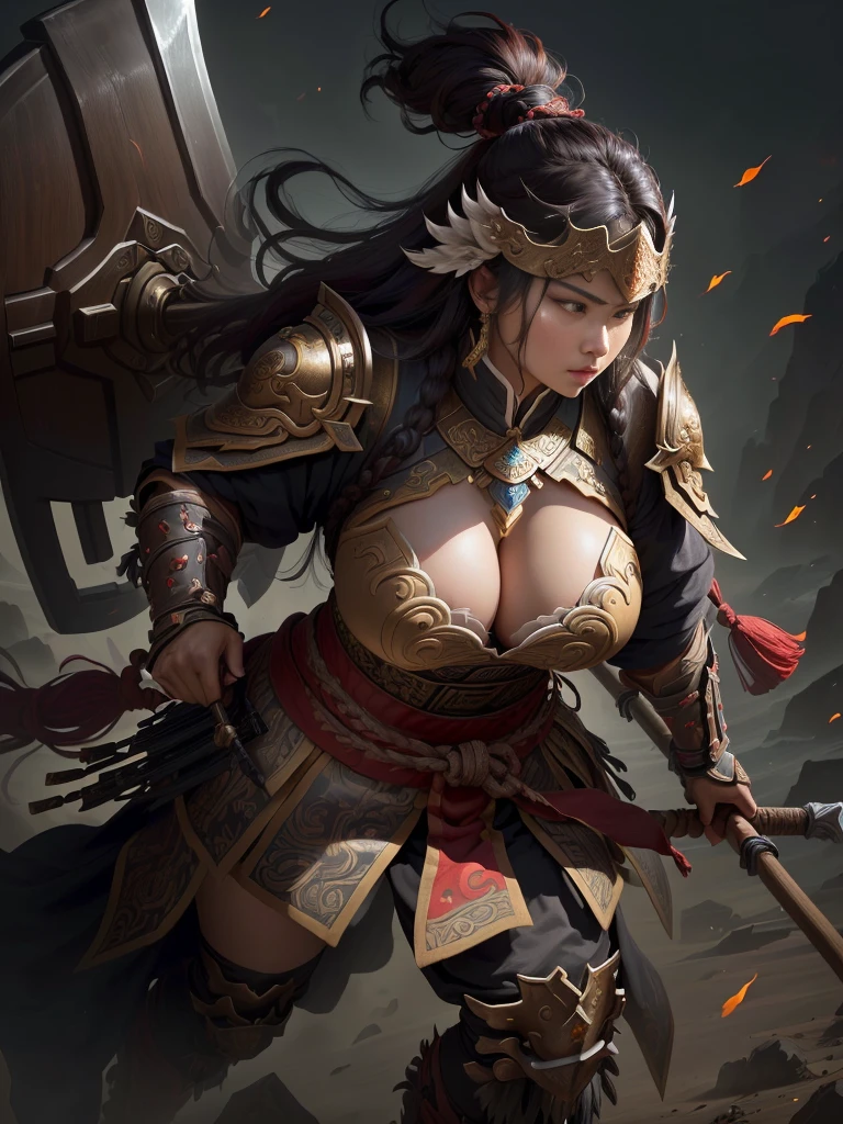 a woman with a large axe and a feathered head, inspired by Hu Zaobin, berserker potrait, guan yu, bian lian, sun wukong, ol, inspired by Huang Shen, inspired by Li Gonglin, tai warlord, inspired by Wu Bin, wukong, inspired by Li Kan, naranbaatar ganbold, Highly detailed CG unit 8k wallpaper, masterpiece, High resolution, highest quality, highest quality real texture skin, Super Real, Digital Painting, Best image quality, 最High resolution, 8k, ((Highly detailed eyes and face, Beautiful eyes every detail)), 1girl, Full Body Shot, Saggy breaavity-dependent breasts, lot, Heavy chest, disproportionate breasts, huge breagging breasts,ic breasts, (erece), Cleavage cut ook away, G into stance),