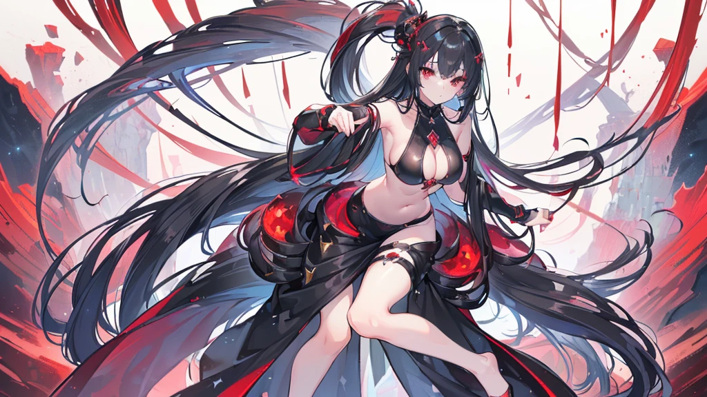 (Exquisite eyes),(Clear and beautiful eyes:1.61),masterpiece, 1 young girl,(Black clothes and some red gems), Black long hair, (She has a huge red gem on her chest), Good Hand,((The Havoc of StarCraft)),full-body shot,Fighting Stance,(Red Eyes:1.466),short and small,(Very big breasts:1.35),(Pretty Face),(full-body shot:1.33),Beautiful hands
