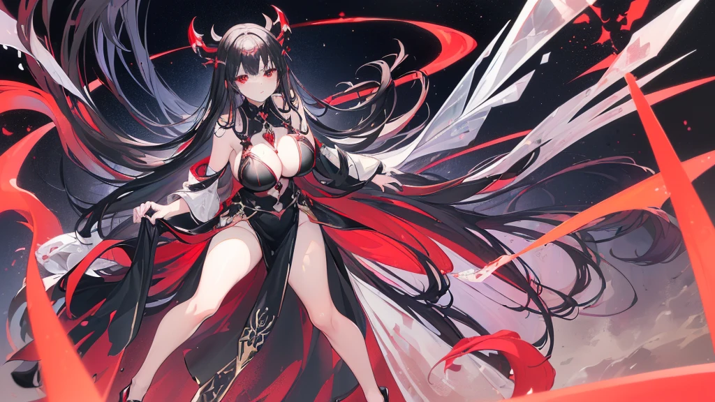 (Exquisite eyes),(Clear and beautiful eyes:1.61),masterpiece, 1 young girl,(Black clothes and some red gems), Black long hair, (She has a huge red gem on her chest), Good Hand,((The Havoc of StarCraft)),full-body shot,Fighting Stance,(Red Eyes:1.466),short and small,(Very big breasts:1.35),(Pretty Face),(full-body shot:1.33),Beautiful hands