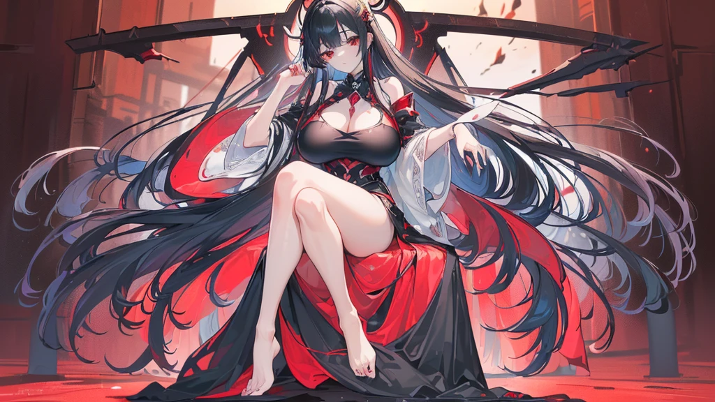 (Exquisite eyes),(Clear and beautiful eyes:1.61),masterpiece, 1 young girl,(Black clothes and some red gems), Black long hair, (She has a huge red gem on her chest), Good Hand,((The Havoc of StarCraft)),full-body shot,Fighting Stance,(Red Eyes:1.466)，short and small,(Very big breasts:1.35),(Pretty Face),(full-body shot:1.33),Beautiful hands