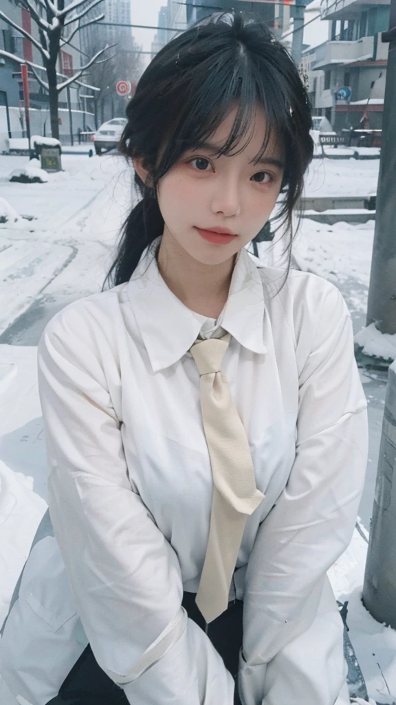 Best quality,masterpiece,Ultra-high resolution,snow,16K,Snow background,(Photo Realism:1.4),1 Girl,JK,Sexy,(Shirt and Tie:1.2),(Big breasts:1.3),(Upper body:1.4)