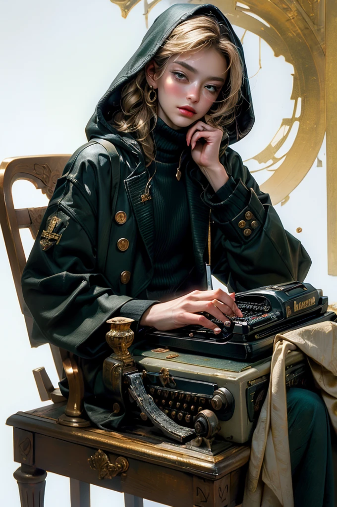 ((best qualityer)), ((Masterpiece artwork)), (detailded), face perfect, ((best qualityer)), ((Masterpiece artwork)), (detailded), face perfect(golden ratio:1,2),(Defective color:1,3),[(White background:1,4)::10], (lesbian full body:1,2),(Ultra-detailded:1,3), （white color background）White background, simple background, create a man in a green and black overcoat and hood of the same color. your face only appears to the eyes and the rest is always hidden in the darkness. He is sitting writing on an old typewriter.