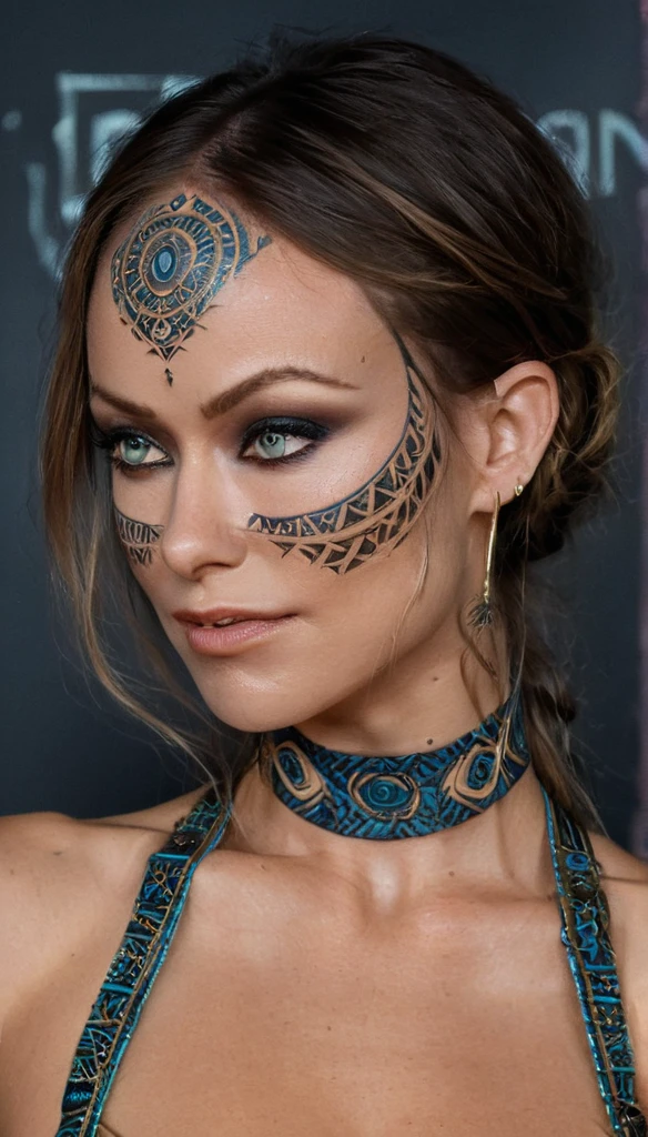 dark fantasy, (realistic, photo-realistic:1.37), (full body shot:1.4), (ohwx woman), Olivia Wild with tribal tattoos on neck and arms, glowing eyes, big tits, dark makeup, fantasy world, tribal patterns on the tattoos, wearing fantasy art bra and latex, holds a long magical spear, immersive fantasy background, rough texture, surreal landscapes, (ethereal beauty:1.1), supernatural elements, (fine art, oil painting:1.3), (expressionless face:0.9), (haunting beauty:1.1), (intricate patterns:1.2), (majestic:1.1), (mystical aura:1.1), (enchanted:1.1), (elegant:1.1), (captivating:1.1), (dark shadows:1.1), oliviawild, stvmccrr style