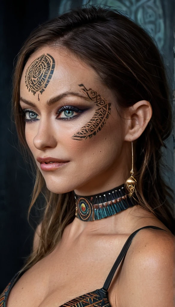 dark fantasy, (realistic, photo-realistic:1.37), (full body shot:1.4), (ohwx woman), Olivia Wild with tribal tattoos on neck and arms, glowing eyes, big tits, dark makeup, fantasy world, tribal patterns on the tattoos, wearing fantasy art bra and latex, holds a long magical spear, immersive fantasy background, rough texture, surreal landscapes, (ethereal beauty:1.1), supernatural elements, (fine art, oil painting:1.3), (expressionless face:0.9), (haunting beauty:1.1), (intricate patterns:1.2), (majestic:1.1), (mystical aura:1.1), (enchanted:1.1), (elegant:1.1), (captivating:1.1), (dark shadows:1.1), oliviawild, stvmccrr style