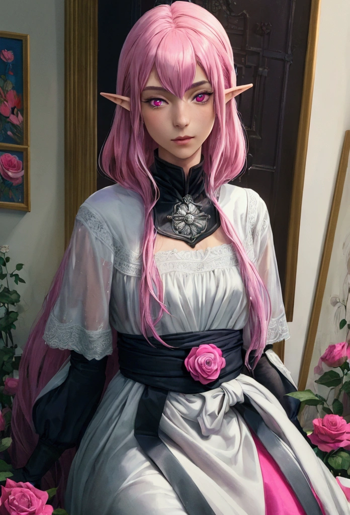 ((best qualityer)), ((work of art)), (detailded), 1 men, Youngh, skin fair, elfo, rogue, pink hair, rosa 100, shorth hair, bonitas, 精致的面容, pink eyes