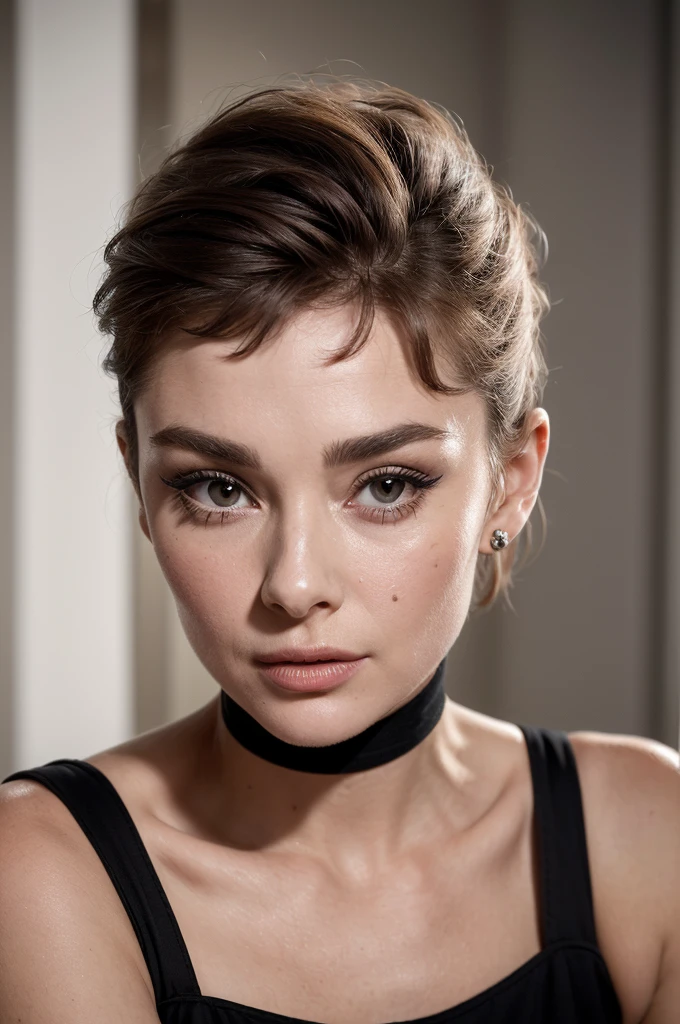 ((best quality, exceptional visual quality)), ((better skin texture, premium material)), ((upper body portrait)), (a hollywood starlet, similar to audrey hepburn, sex symbol darling), the kind of actress who gets all the big roles because of her good looks reminiscent of audrey hepburn, short hair, short blunt bangs, (eye makeup, eyeliner), strapless bustier
