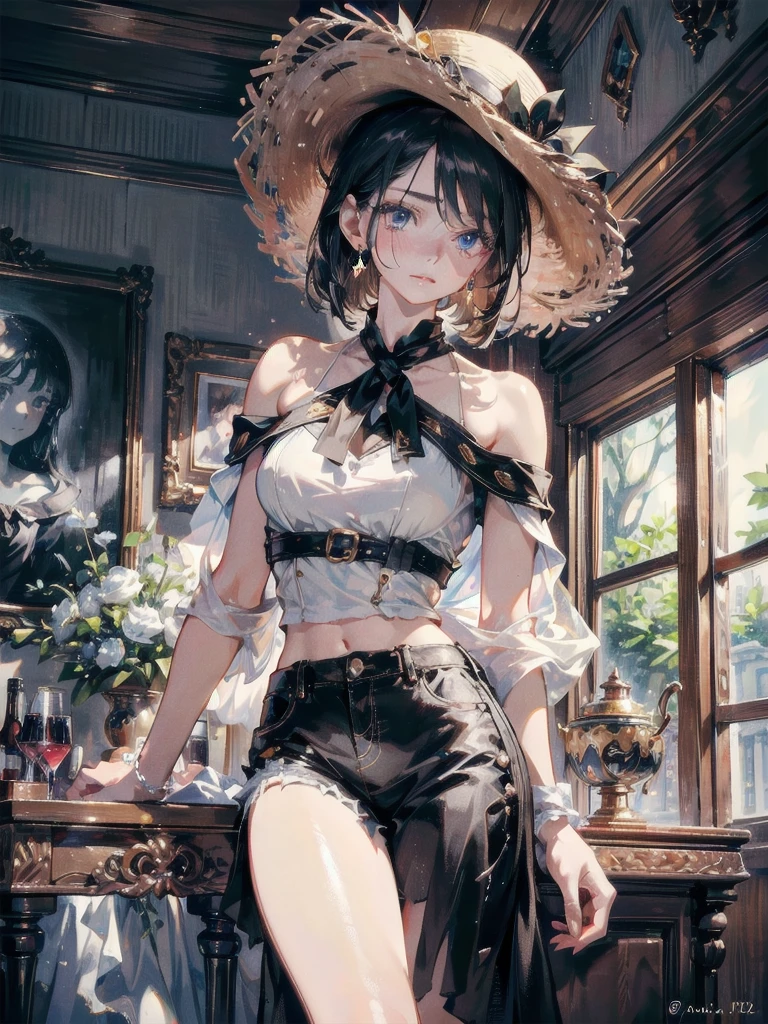 absurdres, RAW photo, extremely delicate and beautiful, masterpiece, Best Quality, ultra high resolution, 32k, hyperrealistic, ultra-detailed, perfect anatomy, super Detailed skin, perfect figure, Super Beauty, Perfect Style, Perfect balance, Beautiful Lighting, Perfect Lightning, Realistic Shadows, 20 years old, very Slim body, narrow waist, very small head, very small face, delicate facial features, handsome detailed woman, very detailed eyes and face, realistic face proportions, Realistic beautiful face, Realistic beautiful eyes, tearful mole, earring, very huge round breasts, legs, medium hair, whole body shot, indoor, blouse, off-shoulder, midriff, shorts, straw hat,